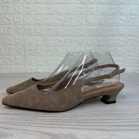 Torgeis Bernadette Slingback Heels WMNS 11 Taupe Cotton Pointed Toe Kitten Heels - Picture 4 of 10
